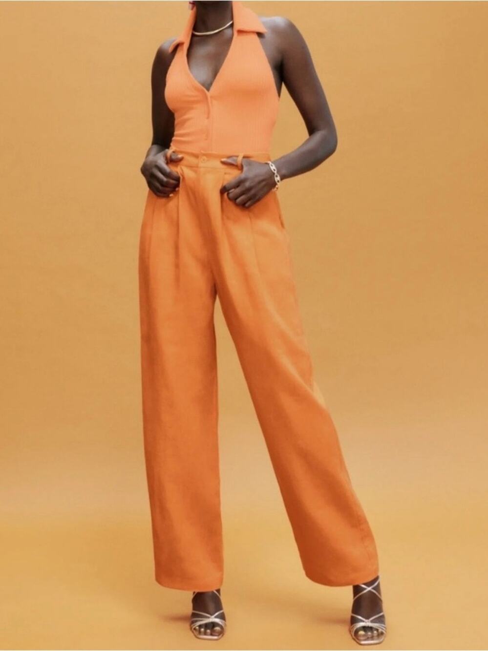 Reformation Vesta Wide Leg 100% Linen Citrus Orange Size 2